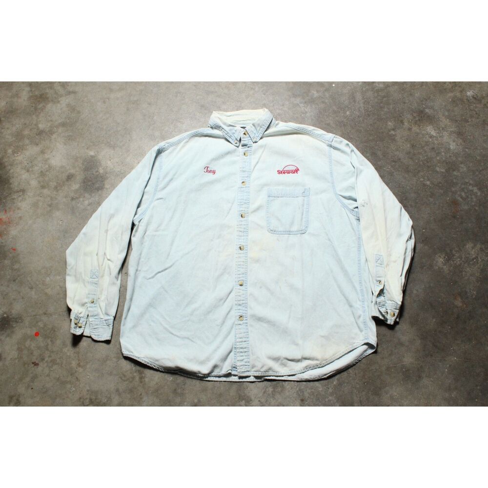 Vintage 90's Thrashed Stewart Seeds Tony Farm Distressed Denim Work Shirt - 2XL